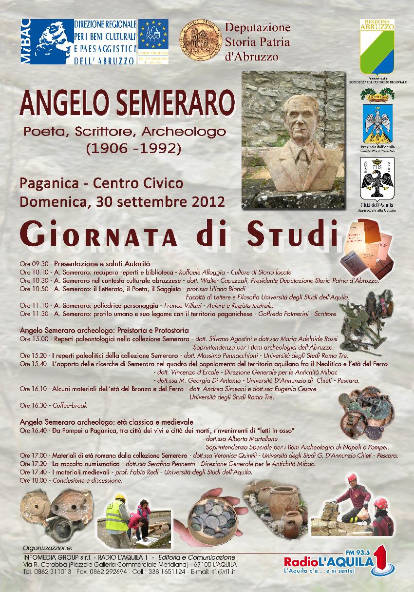 Giornate Europee del Patrimonio 2012 – “L’Italia tesoro d’Europa”   - A Paganica, il 30 Settembre, “Giornata di Studi” su   Angelo Semeraro